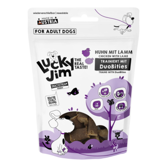 Lucky Jim DuoBities &ndash; kleine, zachte trainingssnacks met hoog vleesgehalte
