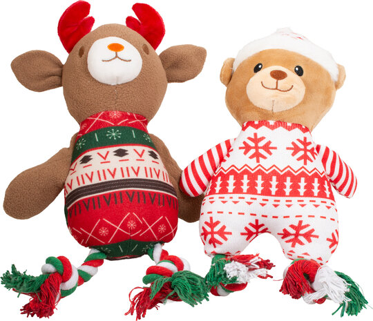 Pluche kerstknuffel voor honden &ndash; teddybeer en rendier 2 stuks