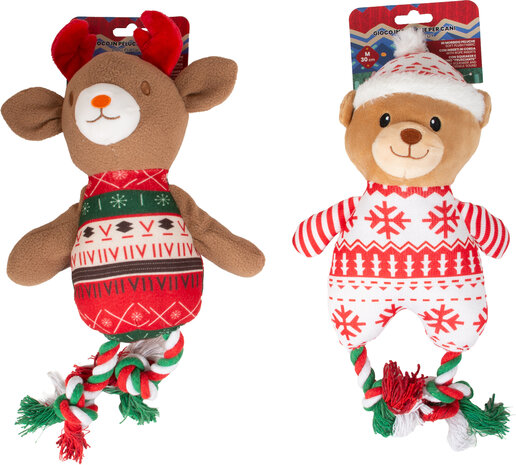 Pluche kerstknuffel voor honden &ndash; teddybeer en rendier 2 stuks